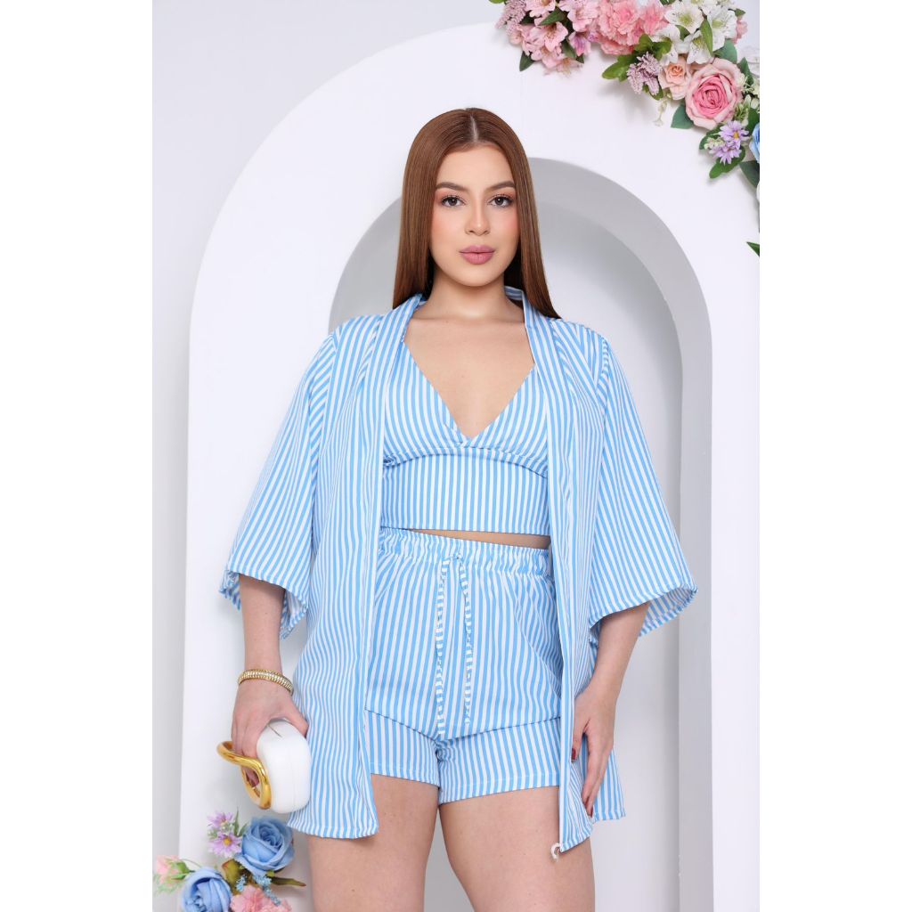 CONJUNTO FEMENINO CREPINHO KIT 3 PEÇAS LISTRADA- kimono, cropped e short cria um look completo e versatil e confortavel