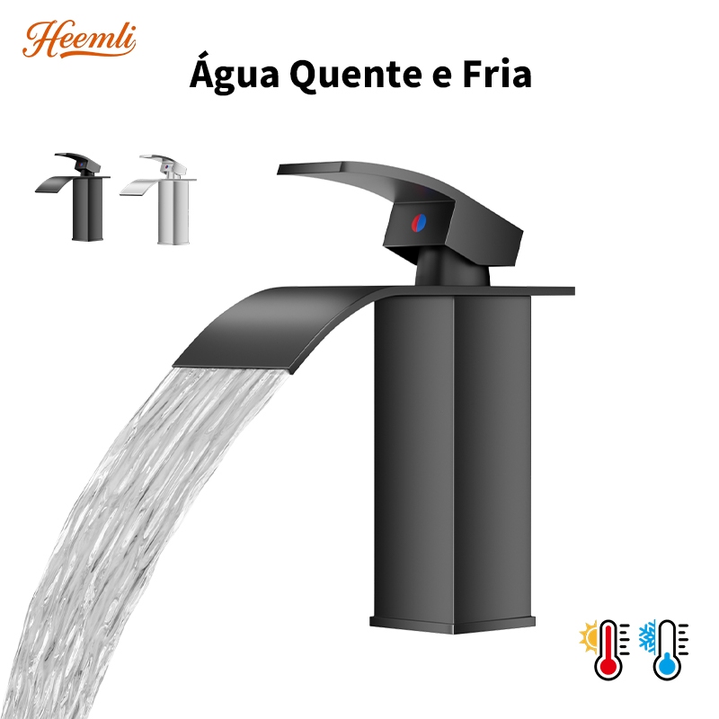 Heemli Torneira de Lavatório Inox Tipo Cascata Curva Baixa Preta de Água Quente e Fria para Banheiro em Oferta na Shopee