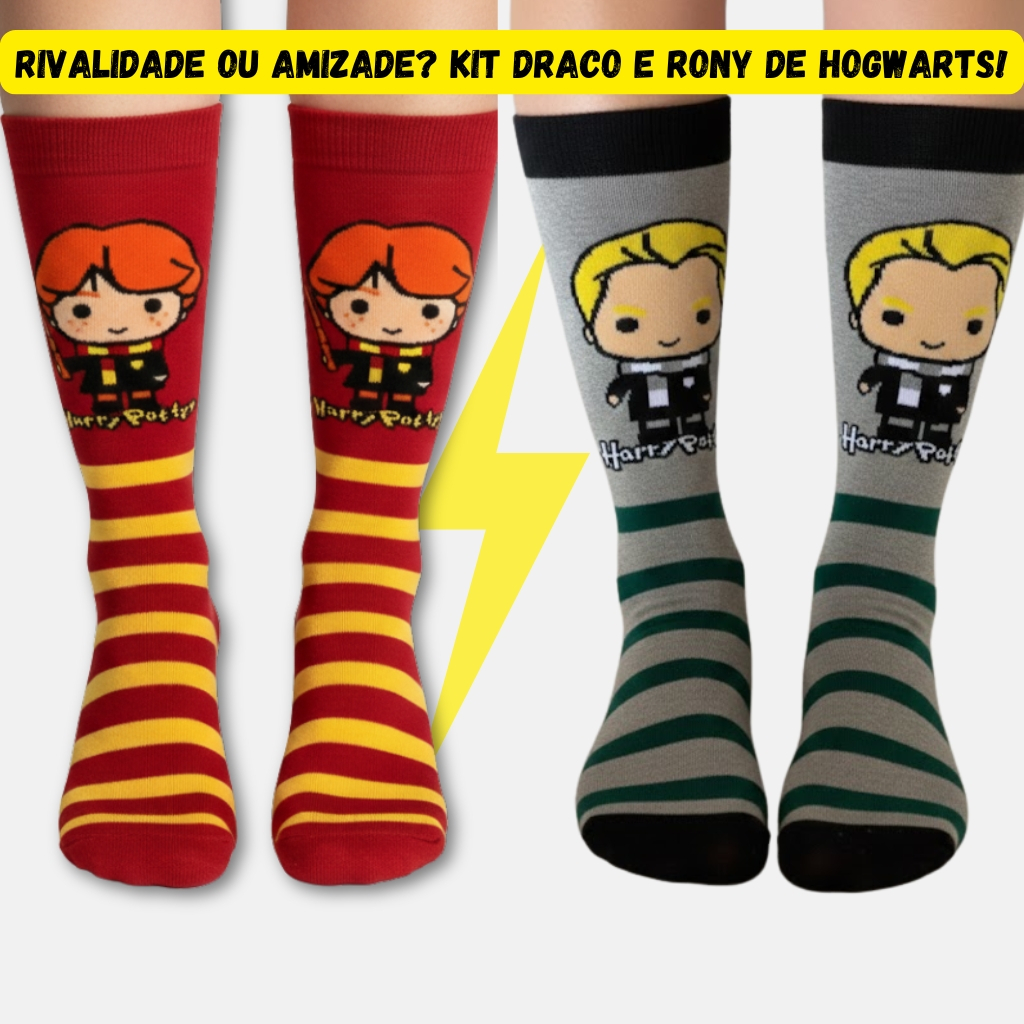 Kit 2 Meias Harry Potter Sonserina Grifinória Draco Malfoy Rony Weasley Presente Geek Meia Divertida Cano Longo
