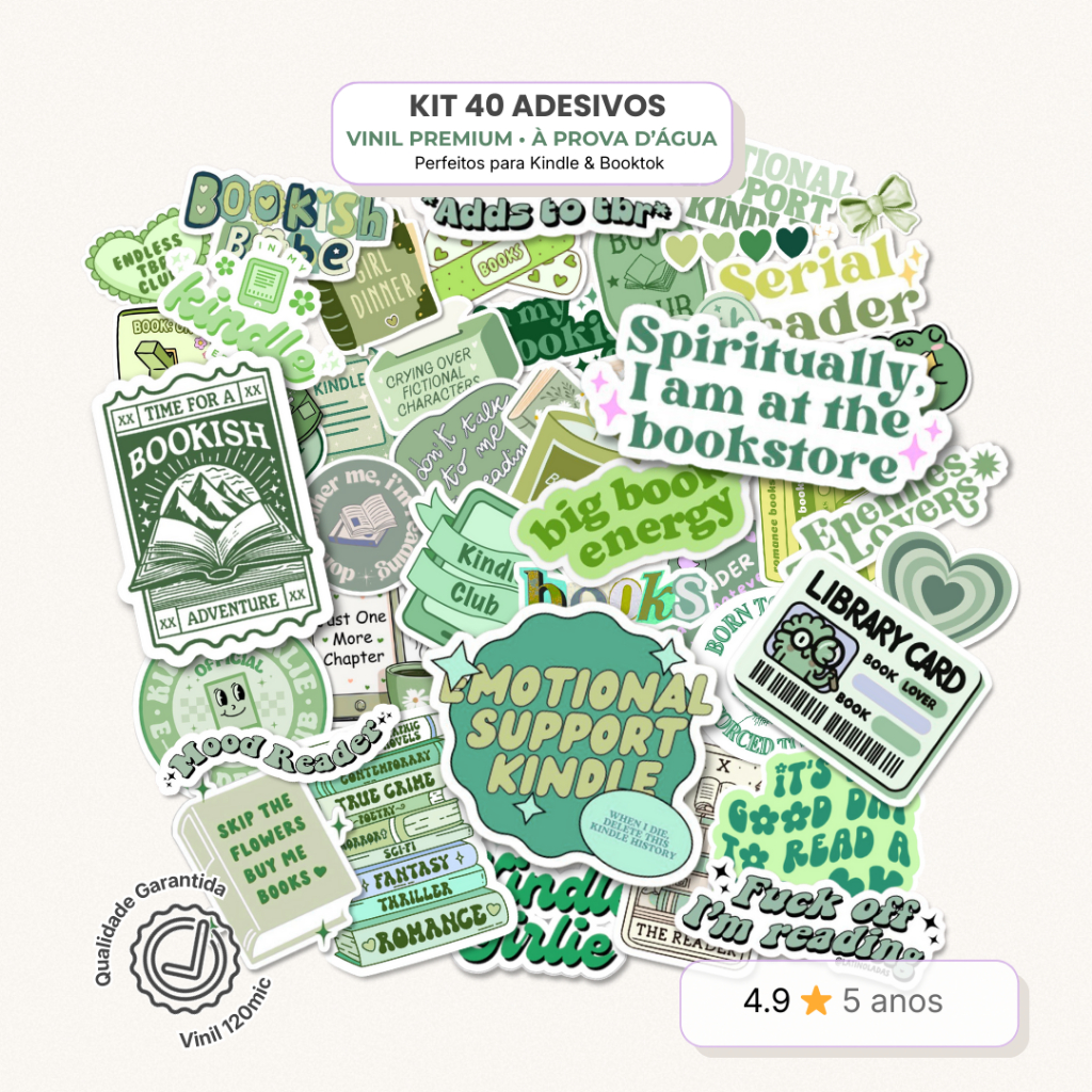 Kit 40 Adesivos KINDLE – Stickers Vinil à Prova D’Água | VERDE | Papelaria Booktok Kindle e Livros em Oferta na Shopee