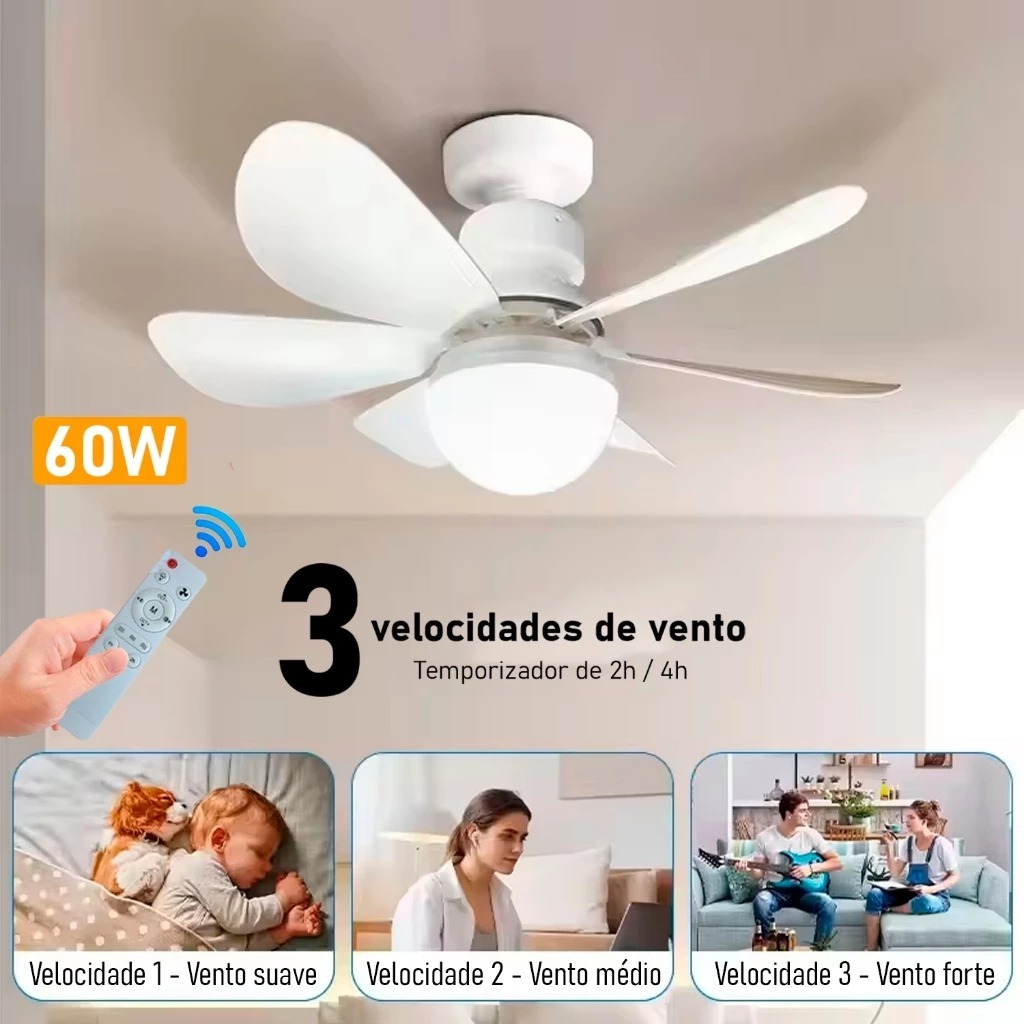 Ventilador de Teto 60W Lâmpada Luminária LED 3 Cores E27 Silencioso Bivolt 2 em 1 C/ Controle Remoto