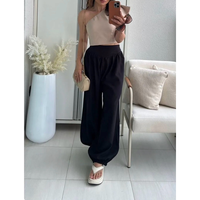 Calça Pantalona Comfy de Cintura Alta – Barra com Elástico em Oferta na Shopee