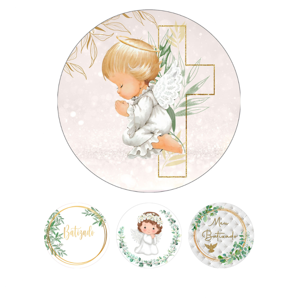 Painel Redondo Mesa Festa em Casa Tecido Sublimado Batizado 50x50 em Oferta na Shopee