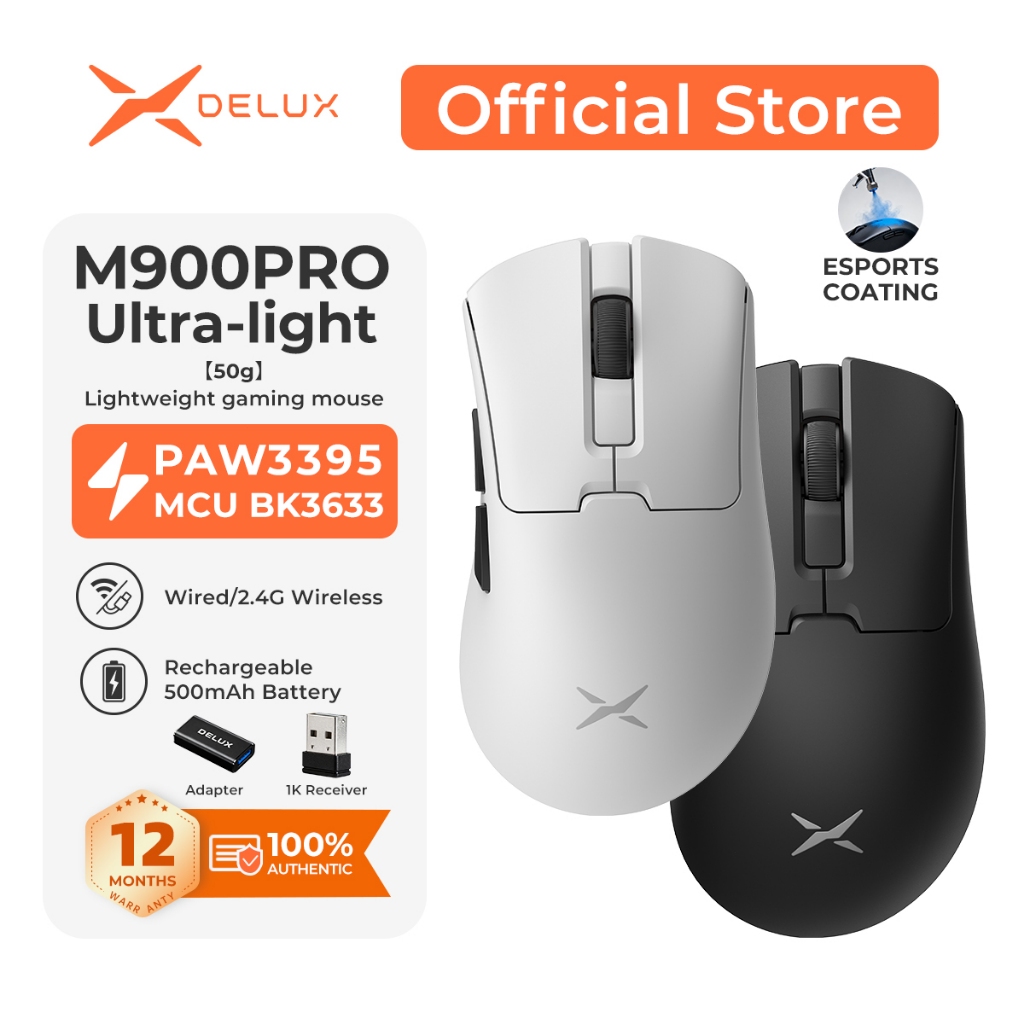 DELUX M900 Pro Ultra-Light 50g Mouse Gamer Sem Fio 8K – PAW3395, BK3633, Ice Coating, 500mAh