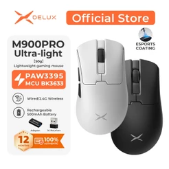 DELUX M900 Pro Ultra-Light 50g Mouse Gamer Sem Fio 8K – PAW3395, BK3633, Ice Coating, 500mAh