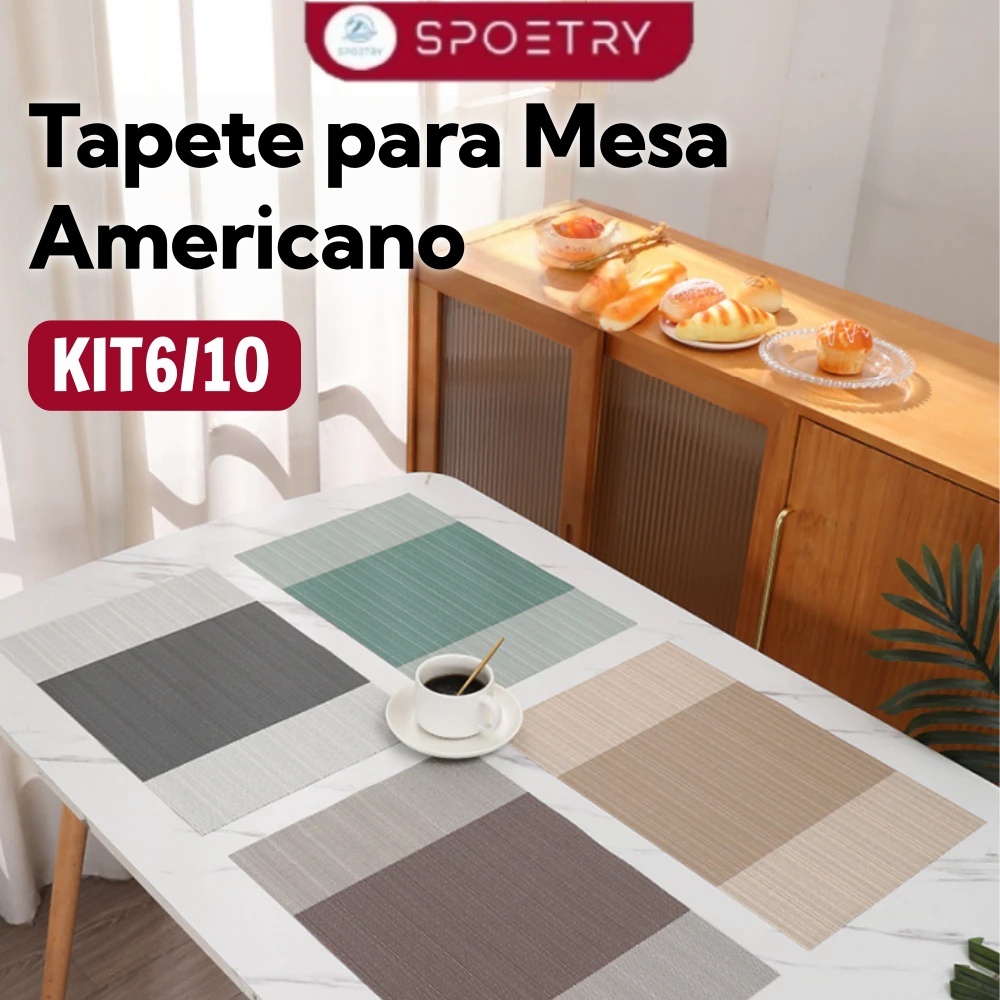 KIT Jogo Americano para Mesa Posta 6 ou 10 lugares em PVC para Mesa de Jantar, Cozinha Fácil de Limpar