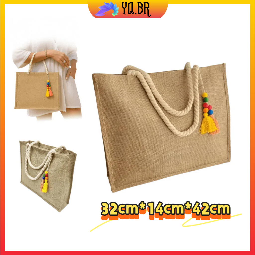 bolsa de praia palha feminina com zíper de ombro sacola ecobag tote juta natural bolsa ecológica moda verão