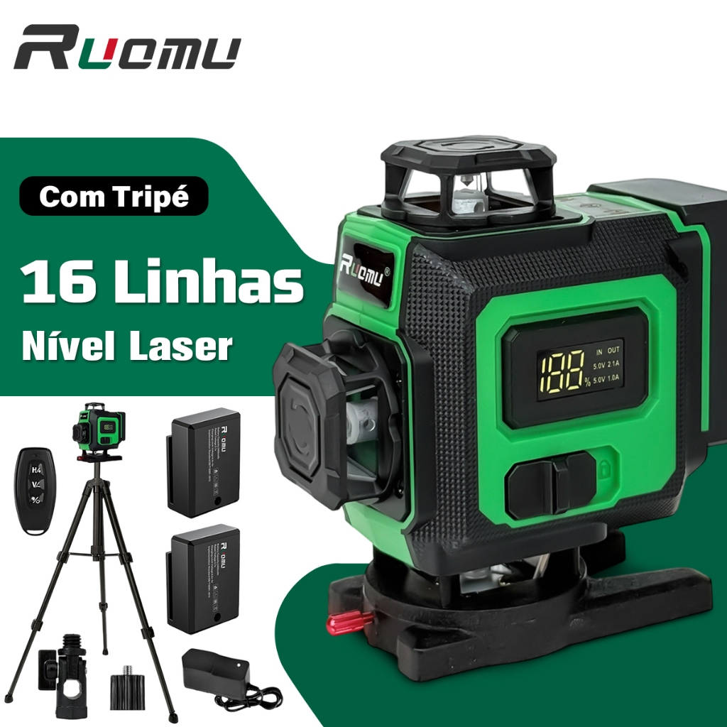 16 Linhas Nivel A Laser Profissional 4d Autonivelante Nível Laser ​​Com Tripe 2 Baterias em Oferta na Shopee