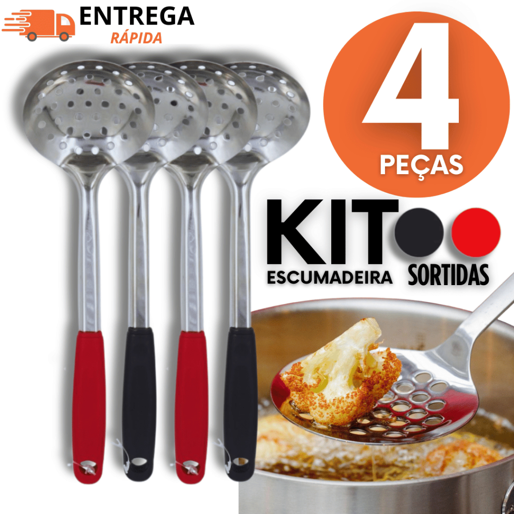 Conjunto 04 Unidades - Escumadeira Linha Black 29.8cm Premium Utilidades Casa Cozinha Restaurantes Multiuso