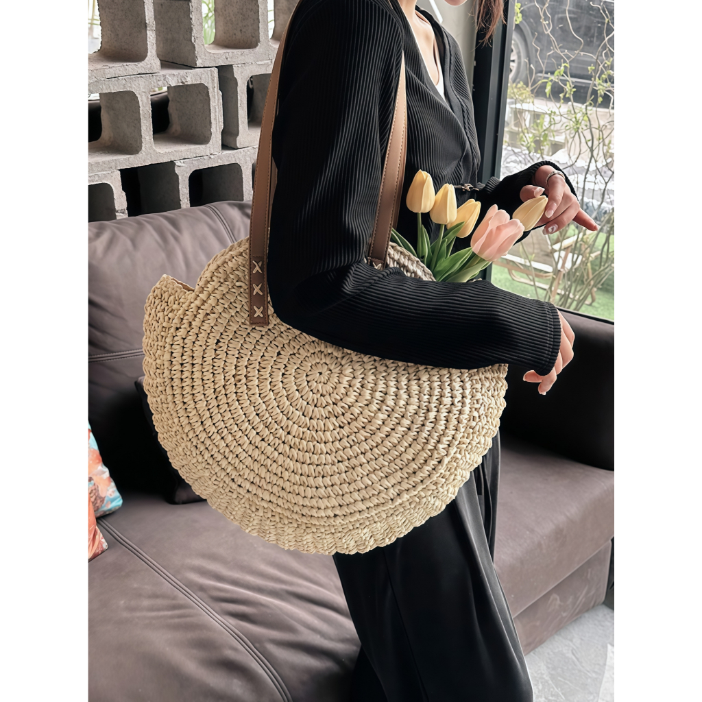 Bolsa Circular palha grande capacidade para férias casuais praia portátil nova moda ombro tecida