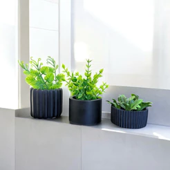 Kit moderno, 3 vasos de gesso e plantas artificiais