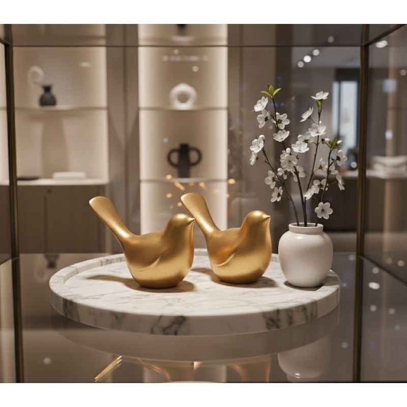 2 passarinhos Conjunto Decorativo Luxo  – Escultura Pássaros Birdies Premium Para Estante Sala Home Office