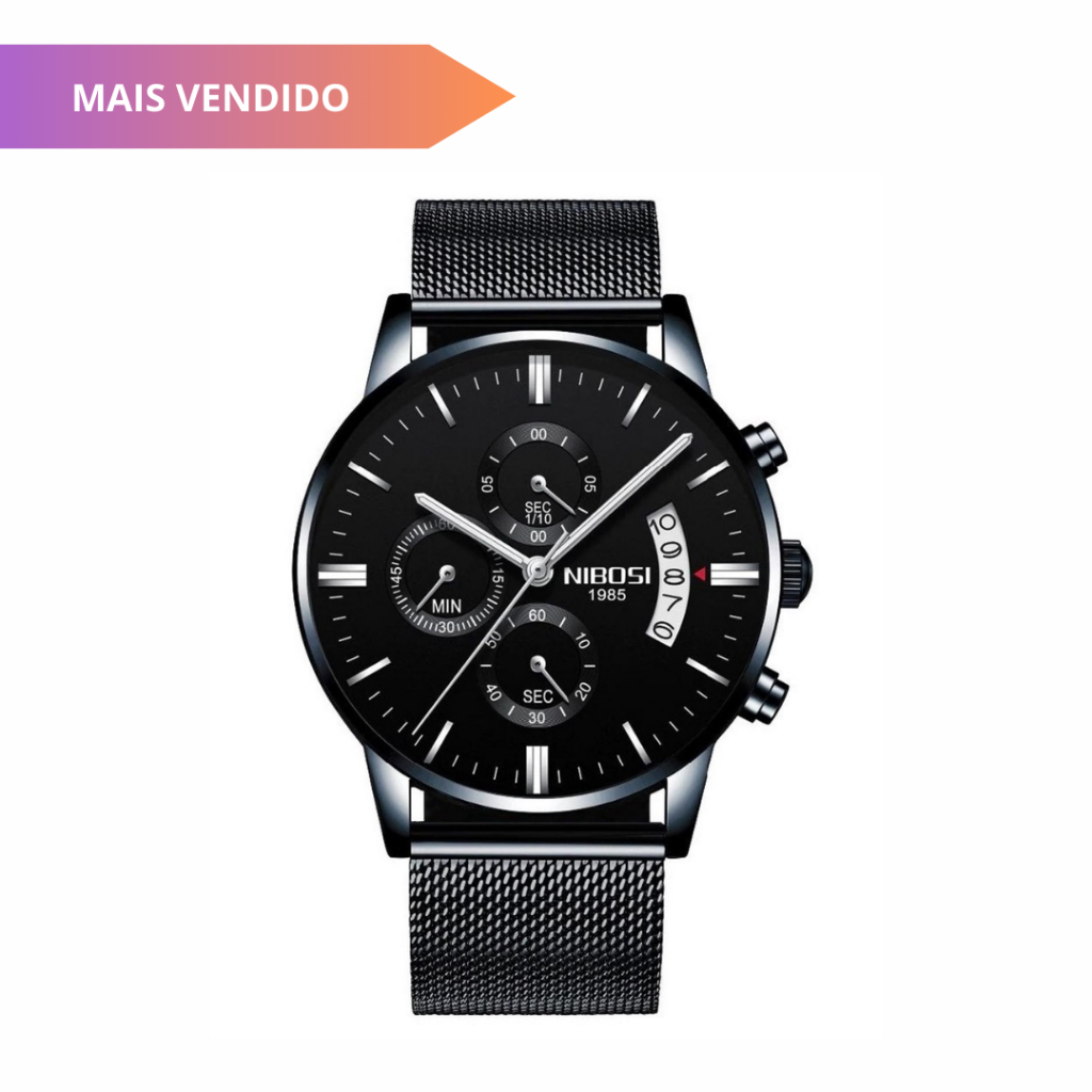 Relógio masculino Nibosi 2309 Pulseira Mesh Aço Inoxidável Preto Cronógrafo funcional