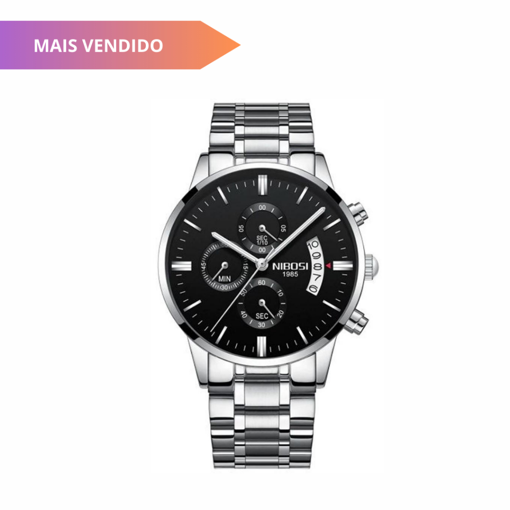Relógio Masculino Nibosi 2309 Prateado Aço Inoxidável Cronógrado funcional e Estojo Original