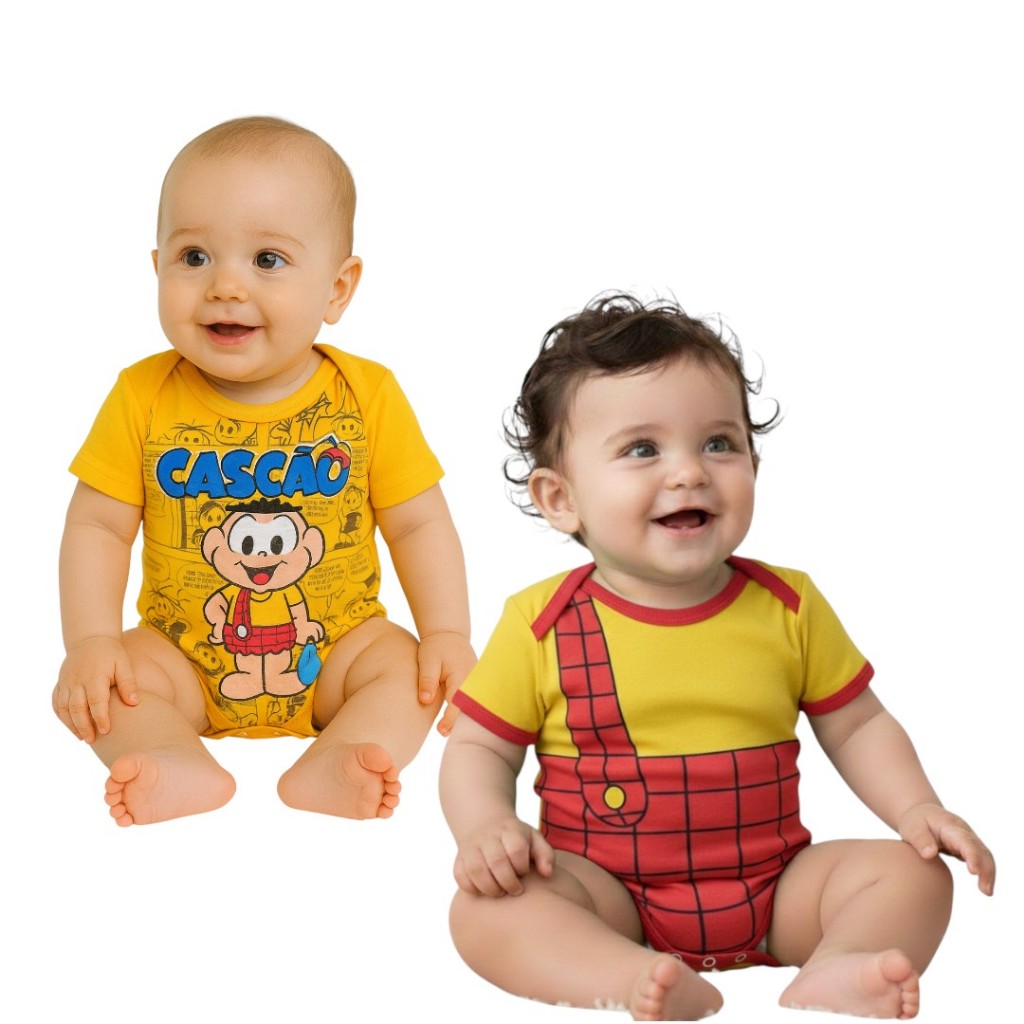 Body Bebê Temático Cascão Gibi ou Cascão Corpo Fantasia Borys Bebê Mesversario 100% Algodão