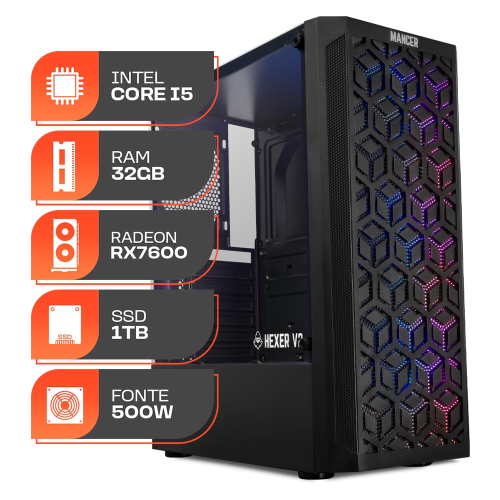 PC Gamer Spectrum, Intel i5-10400F, Radeon RX 7600 8GB, 32GB DDR4, SSD 1TB, Fonte 500W 80 Plus