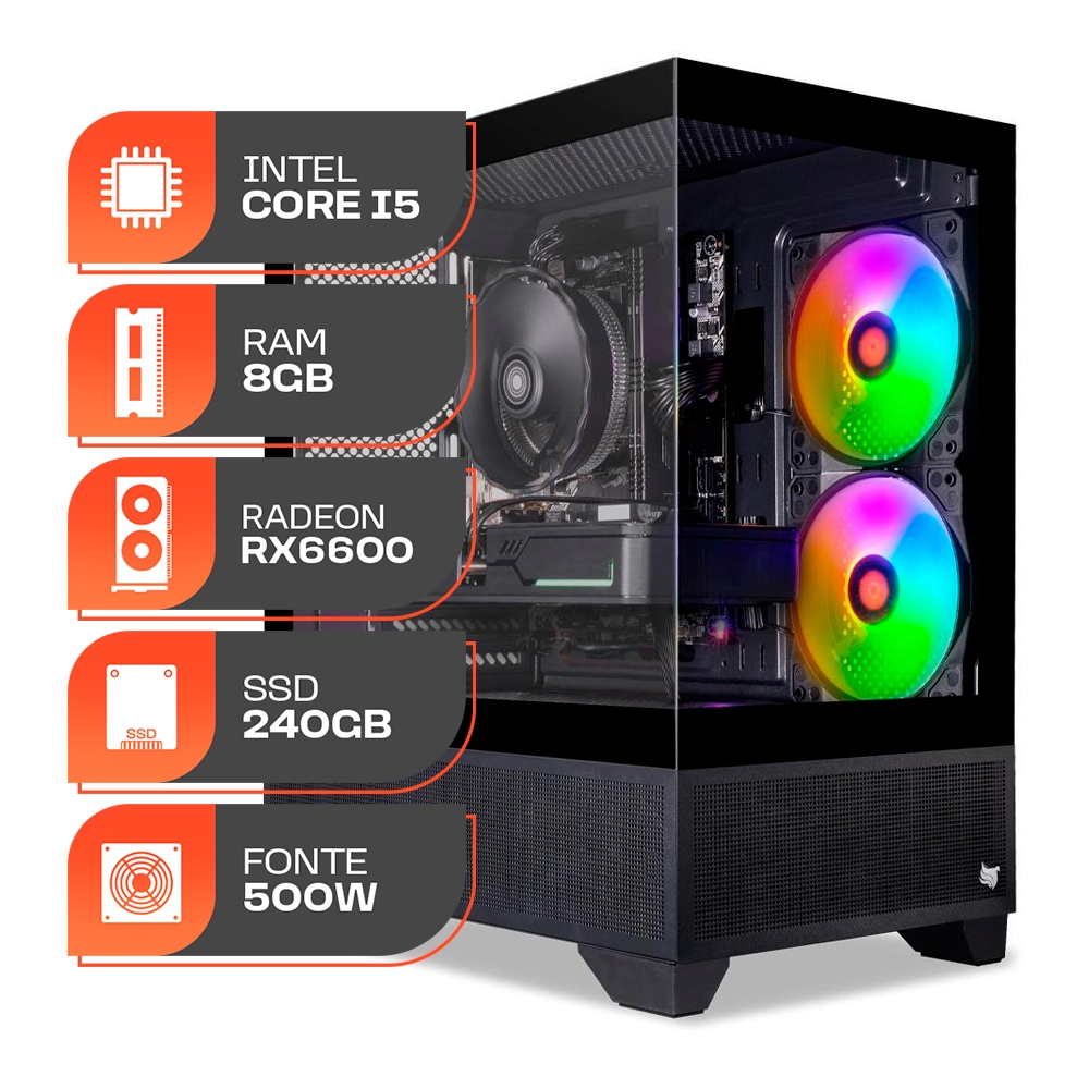 PC Gamer Spectrum, Intel i5-10400F, Radeon RX 6600 8GB, 8GB DDR4, SSD 240GB, Fonte 500W 80 Plus