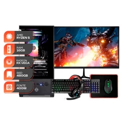PC Gamer Forge, AMD RYZEN 5 3400G, 16GB DDR4, SSD 480GB, 400W 80 Plus, Completo com Monitor 21 e Periféricos