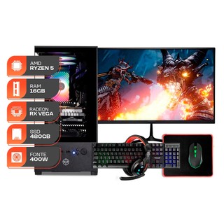PC Gamer Forge, AMD RYZEN 5 3400G, 16GB DDR4, SSD 480GB, 400W 80 Plus, Completo com Monit…