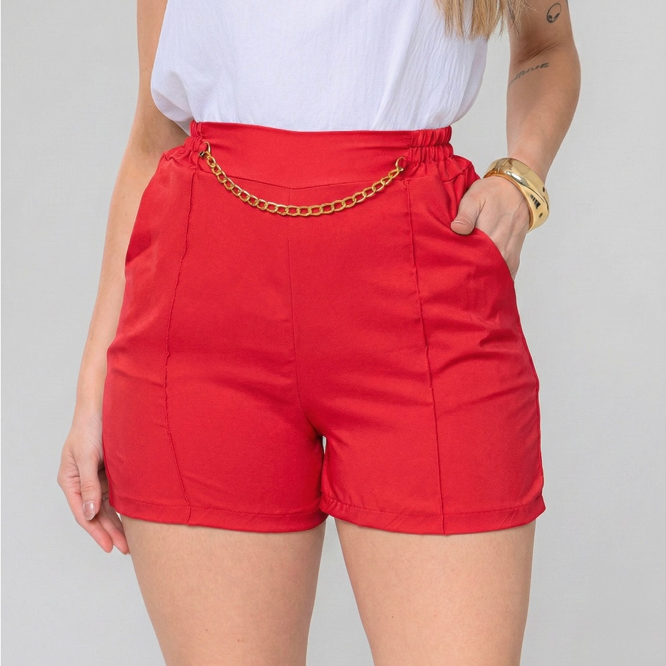Short Feminino Soltinho Tecido Crepinho Corrente Cintura Elástico Moda Verão em Oferta na Shopee