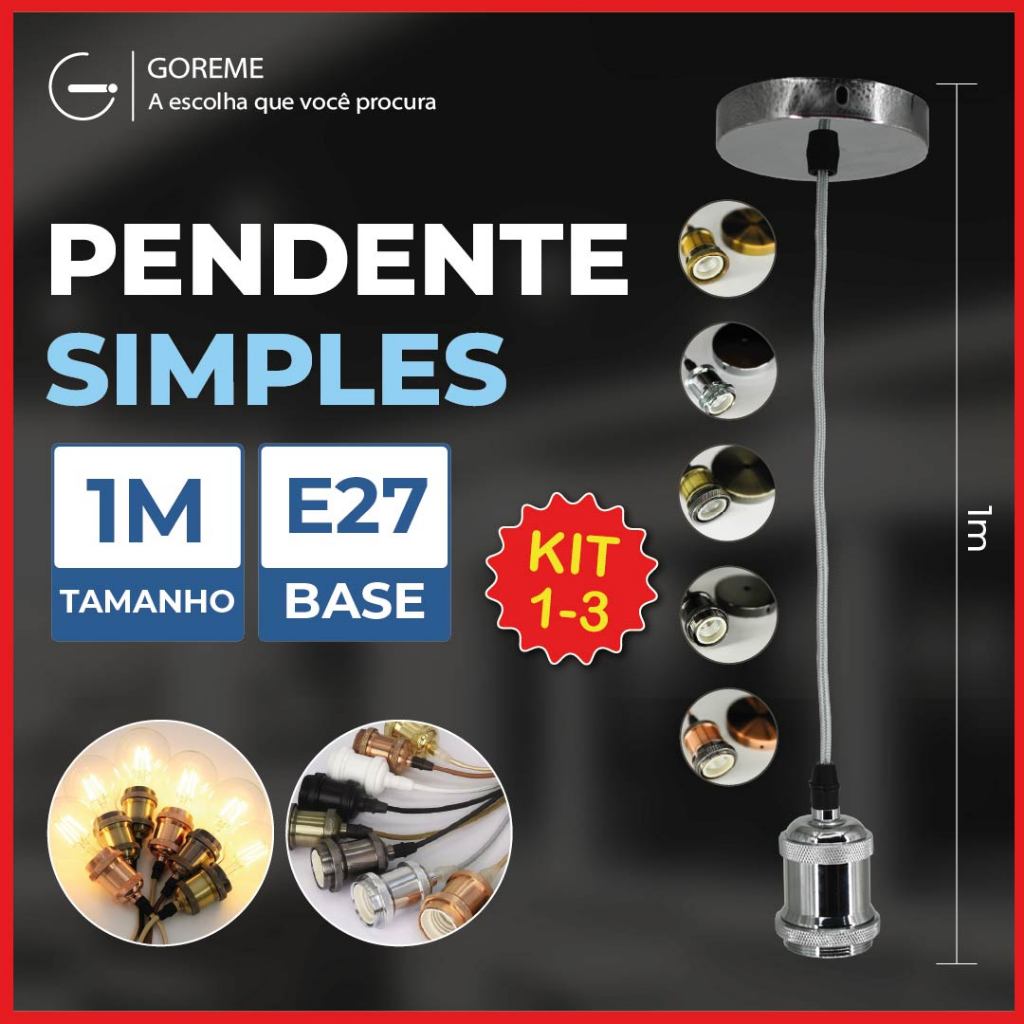 Pendente iluminação Simples 1M Modelo Moderno E27 110V-220V Bivolt