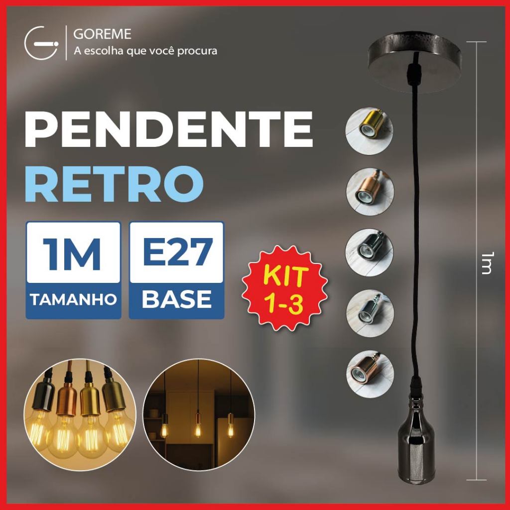 Pendente iluminação Retro 1M Modelo Moderno E27 110V-220V Bivolt em Oferta na Shopee