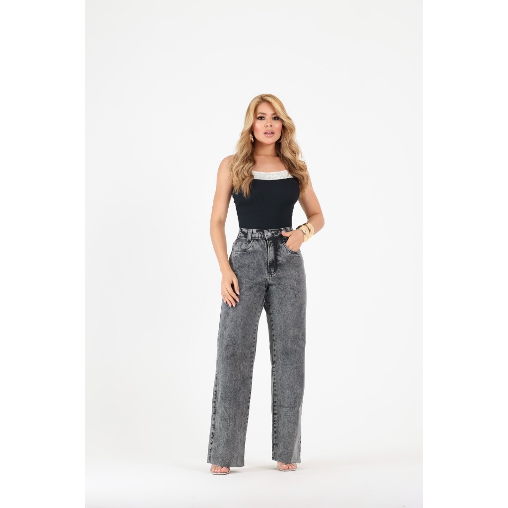 Calça Wide Leg Cintura Alta Jeans Feminina Preta Marmorizada 100% Algodão Moderna e Confortável