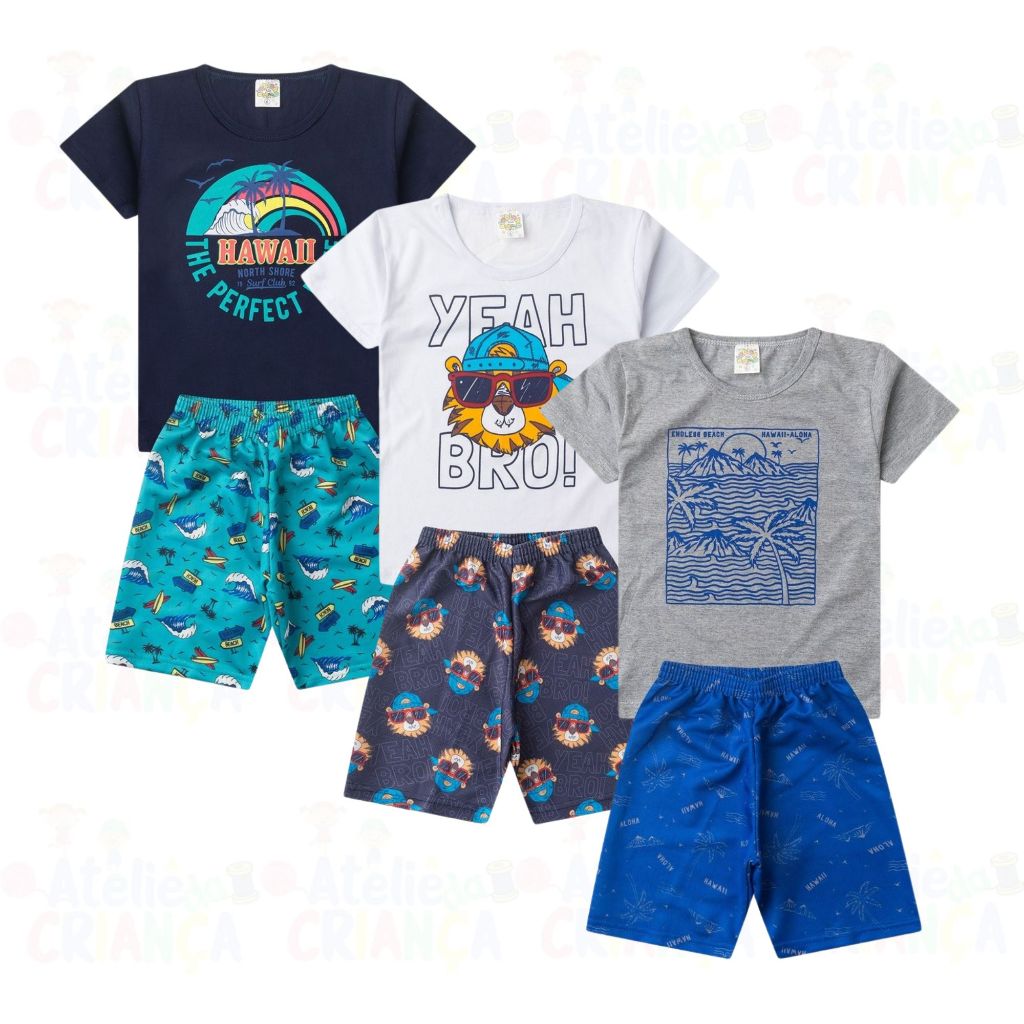 Kit 2 Roupas De Criança Menino Verão | Conjunto Infantil Sortido | Camiseta E Bermuda | 2 ao 10