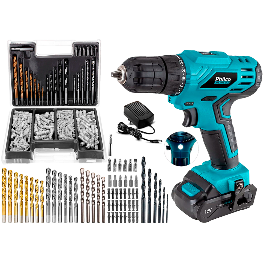 Furadeira Parafusadeira Sem Fio De 10mm Philco Ppf12m Acessórios Com Jogo Bits Brocas E Buchas 300 Peças em Oferta na Shopee
