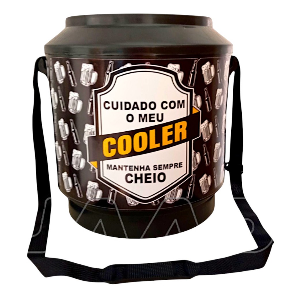 Cooler térmico grande redondo com estampa de cerveja, alça ajustável e zíper preto.