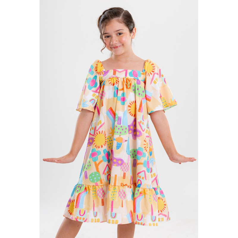 Vestido Infantil colorido Menina manga curta Soltinho Juvenil Festa Roupa Criança Feminino Estampado Babado Blogueirinha