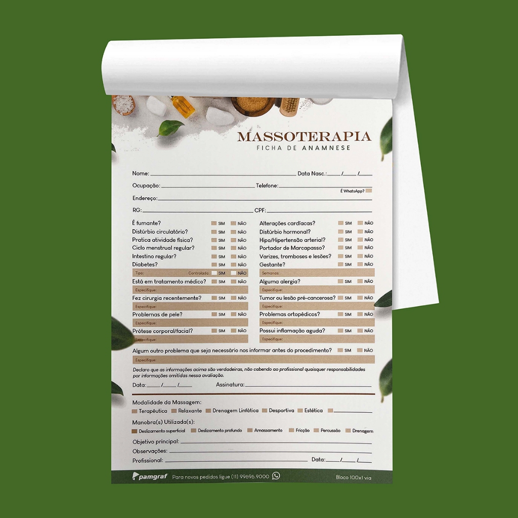1 Ficha Anamnese de Massoterapia Bloco com 100 Fls - 14,8x21cm