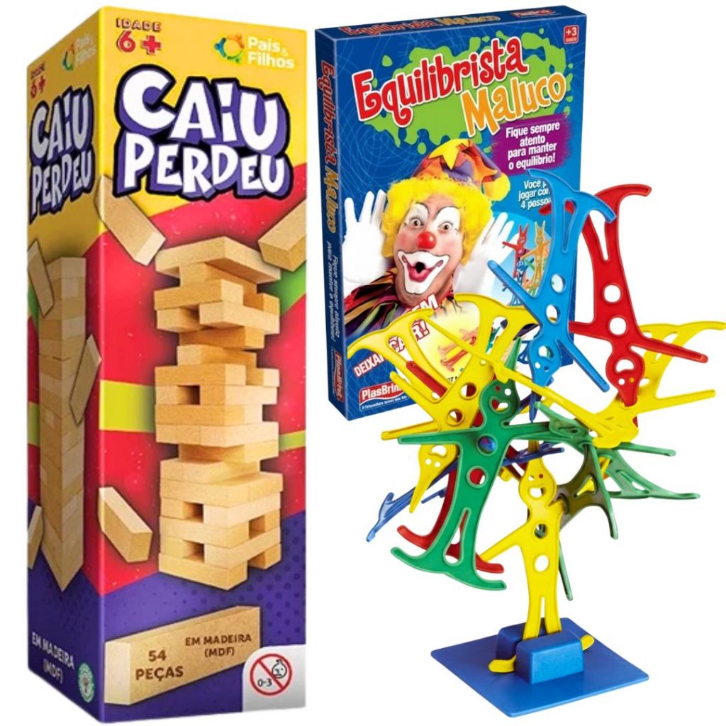 Jogo Caiu Perdeu E Pega Vareta Palhaço Pais & Filhos de Madeira Jogo da Torre de Madeira 54 Peças Desenvolve Coordenação