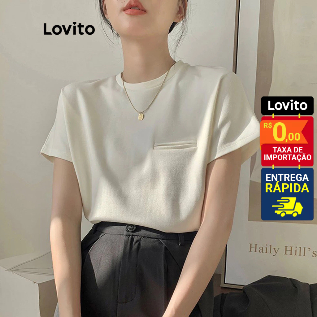 Lovito Camiseta Casual Feminina Lisa com detalhe de Bolso TSNS8AX148