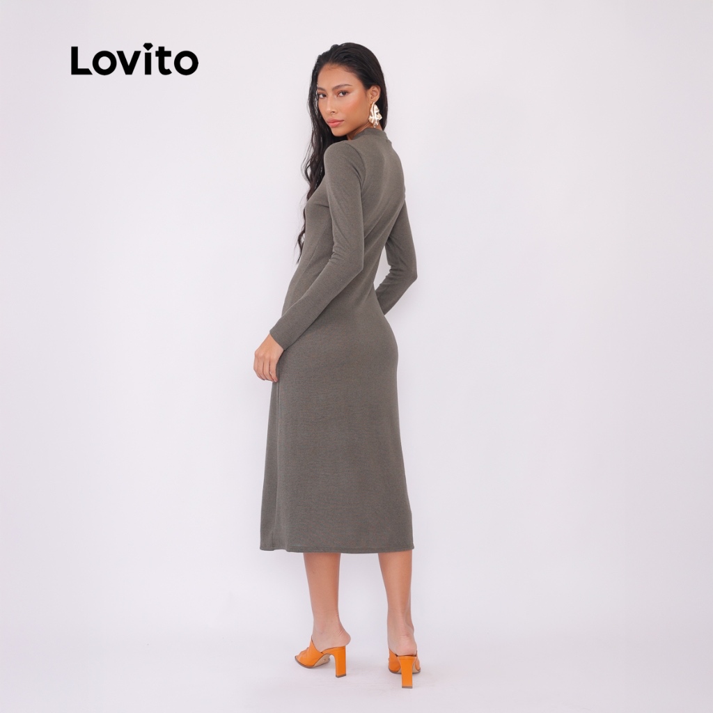 Lovito Vestido Midi Tricot Manga Longa Moda Basico Feminino DRB432BRL461