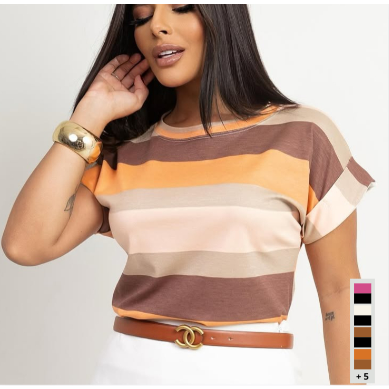 Blusa Camiseta Feminina Listrada Lisa Moda Verão Inverno Estilosa Moderna Malha Fria Tendencia 2026 Manga Japonesa em Oferta na Shopee
