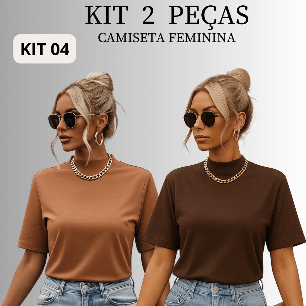 KIT 2 CAMISETAS FEMININA GOLA ALTA DIA A DIA 100% ALGODÃO MANGA OVERSIZED TECIDO PREMIUM VERAO em Oferta na Shopee