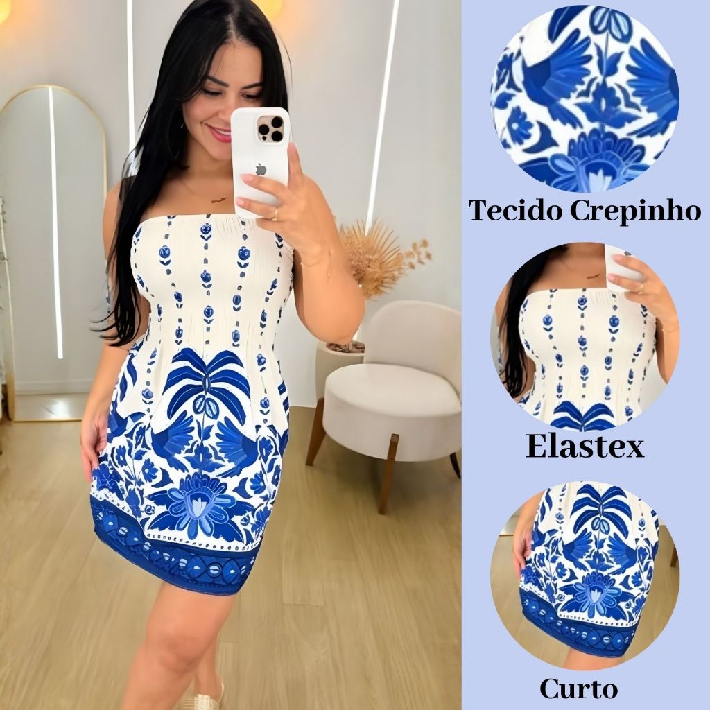 Vestido Feminino Curto Tomara Que Caia Com Elastex Por Toda Parte Superior De Diversas Estampas No Crepinho