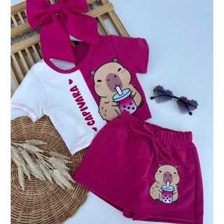conjunto infantil menina capivara short saia e blusa estampada de 2 a 14 anos em Oferta na Shopee