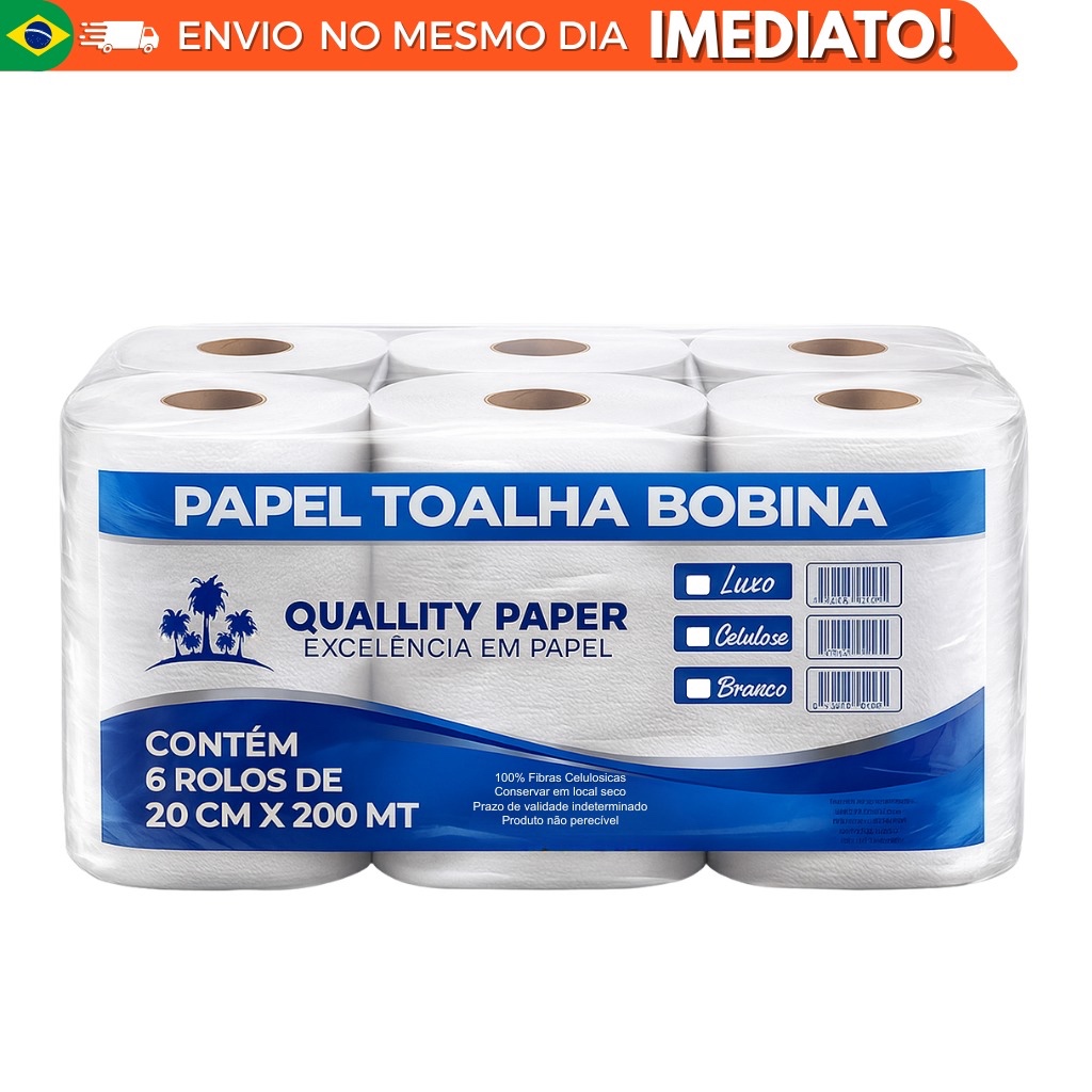 Toalha Bobina papel 200m 6 rolos Branco para dispenser de papel toalha rolo