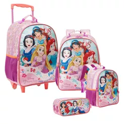 Kit Escolar, Mala com Rodinhas e Alças, Lancheira Térmica e Estojo Duplo Princesas Disney Xeryus