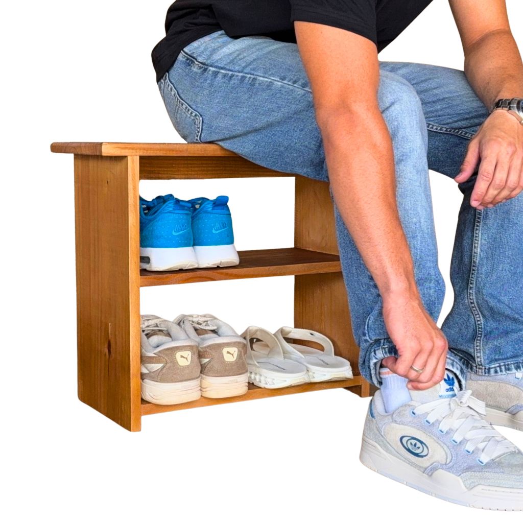 Sapateira Banco de Madeira Pinus Estante Organizadora 3 Prateleiras Multiuso Hall Entrada 4 Pares