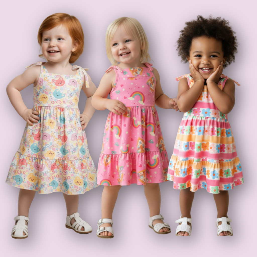 Combo 3 Vestido Infantil Alcinha Colorido Com Nózinho Para Menina Tamanhos Verão Confortável