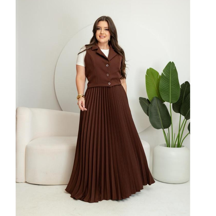 Conjunto Feminino Colete + Saia Plissada em Alfataria em Oferta na Shopee