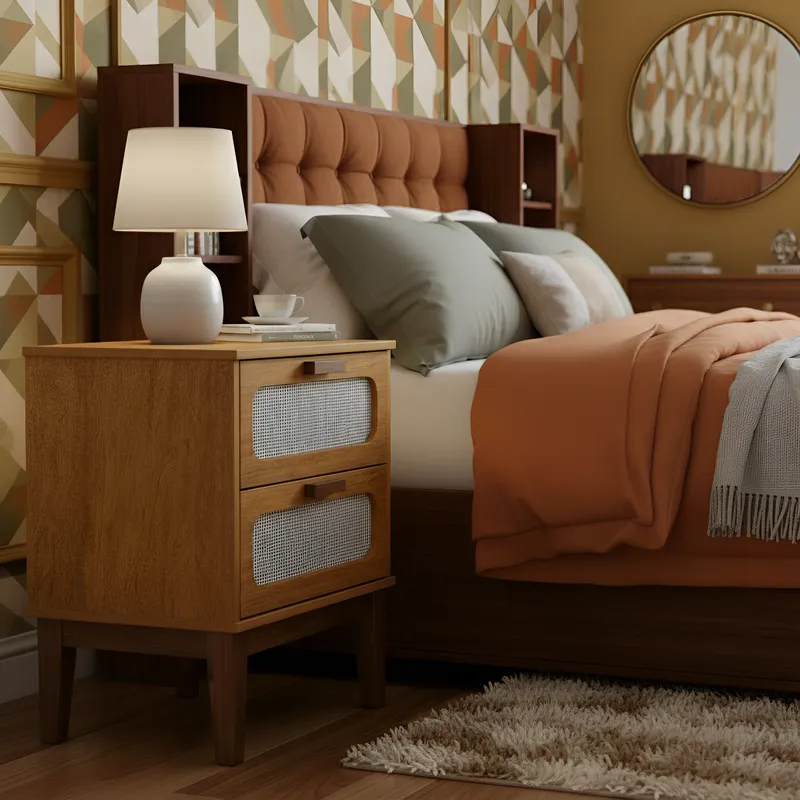 Mesa de Cabeceira Bide Cama Moderno 45 Cm Palhinha Indiana Santorini Nature