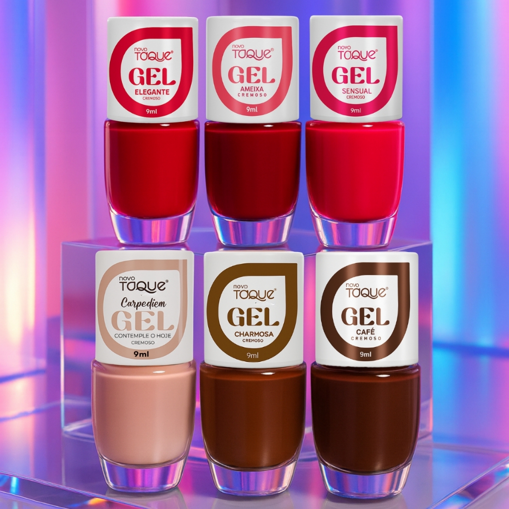 Kit 6 Esmaltes em Gel Novo Toque Nova Coleção Lançamento Tons de Vermelho Nude Manicure Atacado