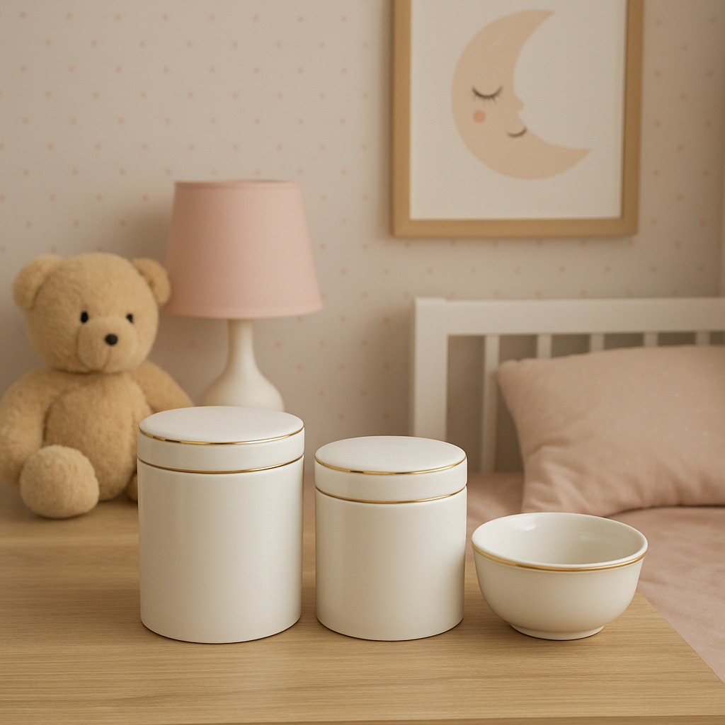 Kit Higiene Bebe Porcelana Branco Conjunto 3 Pecas Decorativo Quarto Menina Menino Organizador