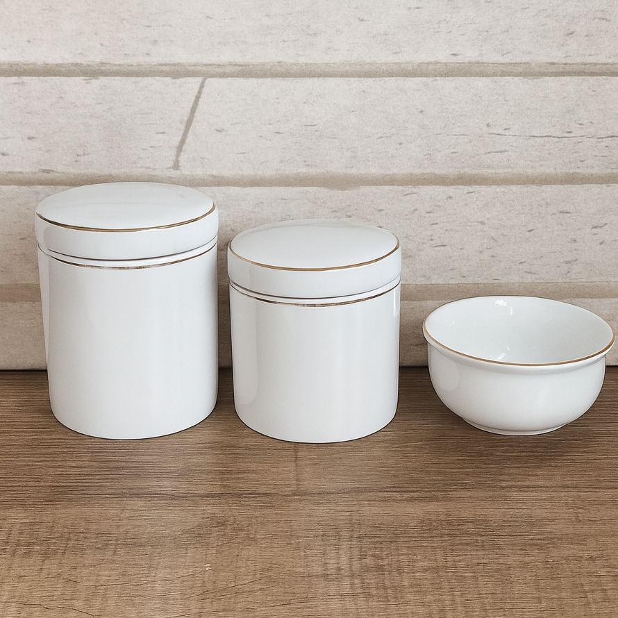 Kit Higiene Conjunto 3 Pecas Porcelana Branco Com Filete De Ouro em Oferta na Shopee