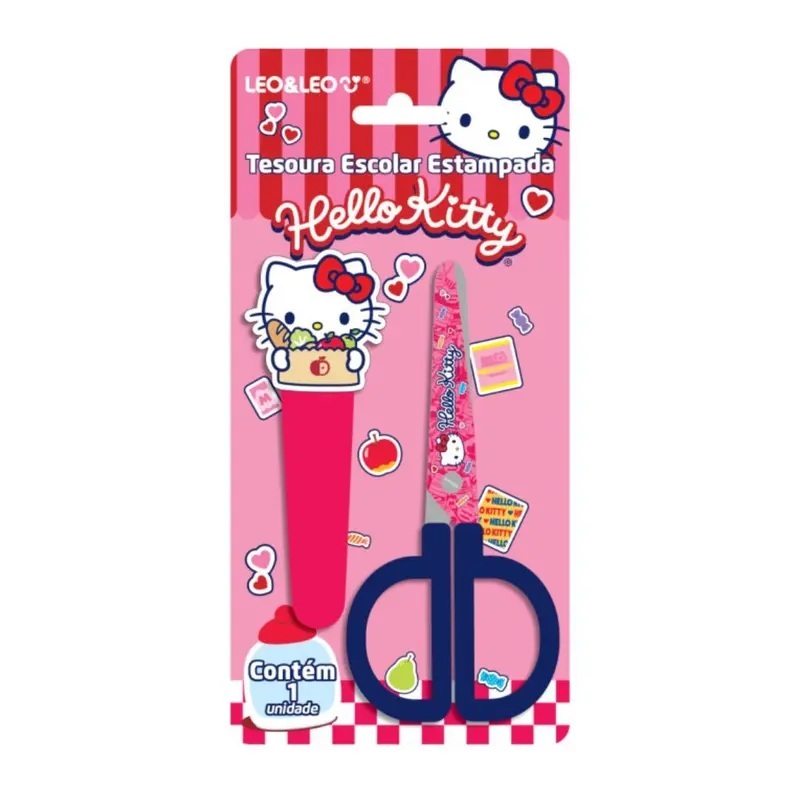 Tesoura Escolar Colorida com Capa Protetora 4,7cm 1 unidade + Capa Hello Kitty Leo & Leo