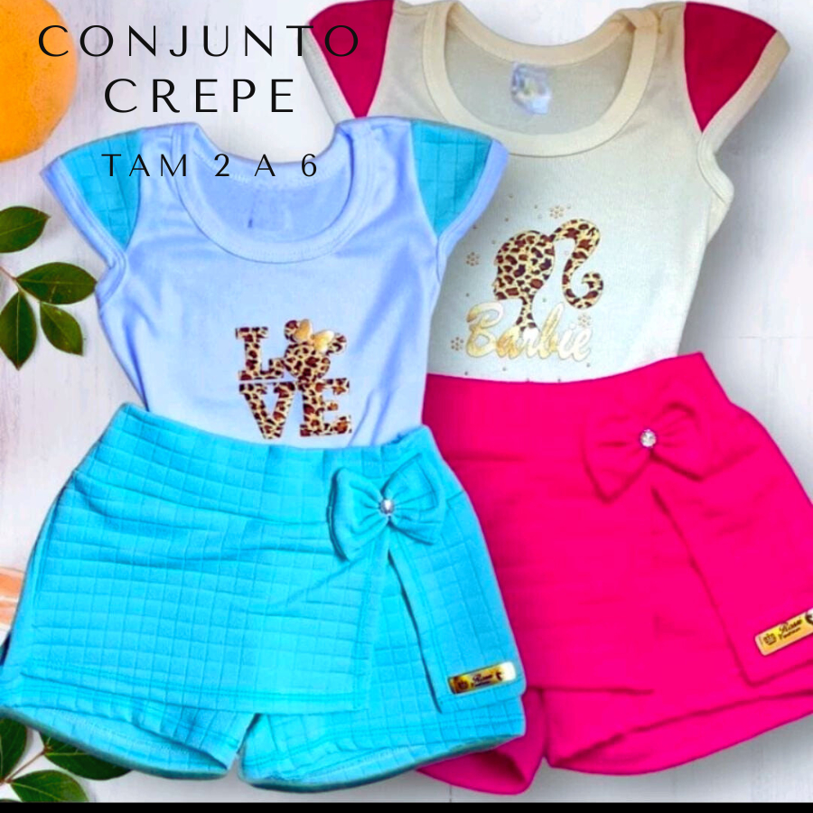 Conjunto LACINHO Infantil Feminino Menina 2 a 6 Anos – Short Saia + Blusa em Diversas Cores e Estampas